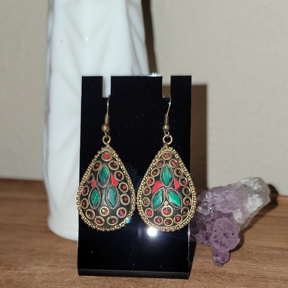 Elegant Teardrop Earrings with Red and Green Accents - Picture 1 of 5